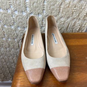 Manolo Blahnik Ballerina Flats / Size 37 / Lee Stingray Cap-Toe Beige + Nude